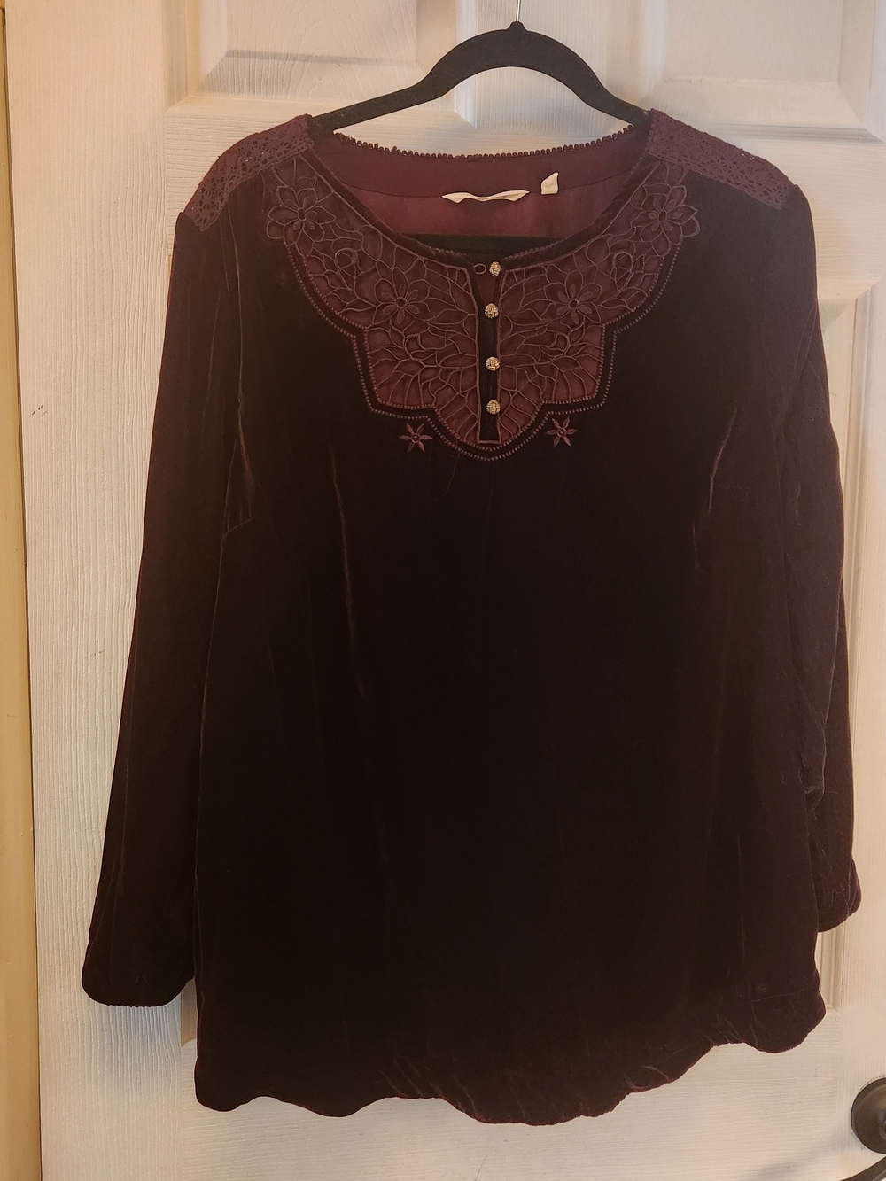 Soft Surroundings Women's Velvet Long-Sleeve Top w/ Embroidered Yoke Burgundy L